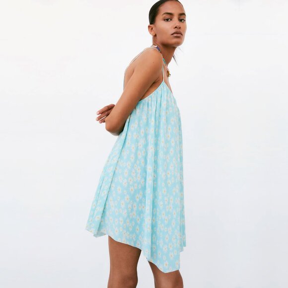 NEW ZARA Pleated Baby Floral Blue Camisole Style Mini Dress, Size M - Picture 6 of 16